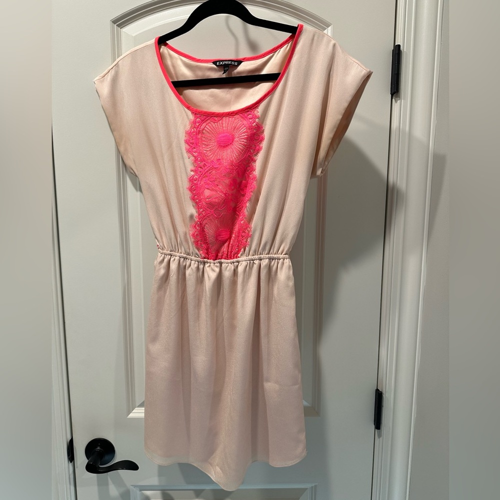 Express Neon Pink & Blush Lace Belted Mini Dress Size Small